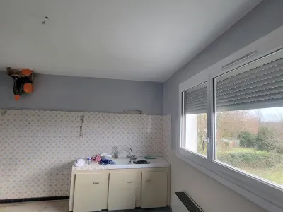 Cuisine rénovée avec murs peints en gris et blanc et finitions autour des meubles